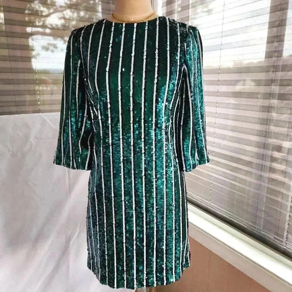 Badgley Mischka Dresses & Skirts - Badgley Mischka Green Stripe Sequin Sheath Dress Size 0 Christmas dress